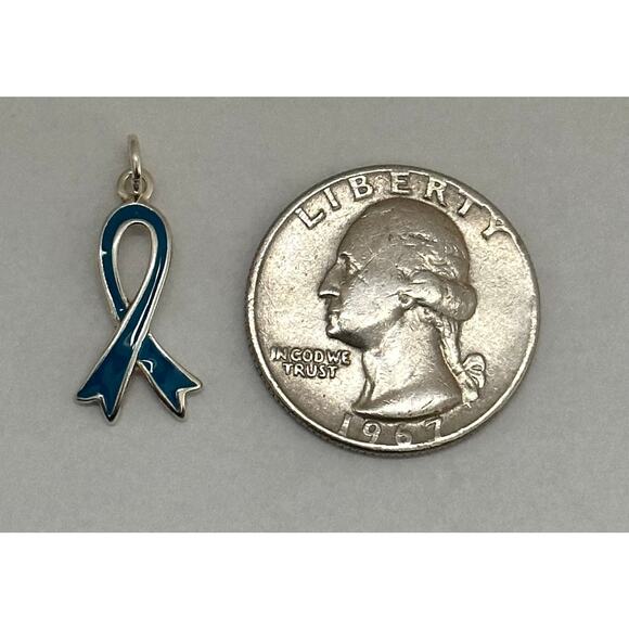 Sterling Silver Teal Awareness Ribbon for Ovarian Cancer Charm - Picture 3 of 4
